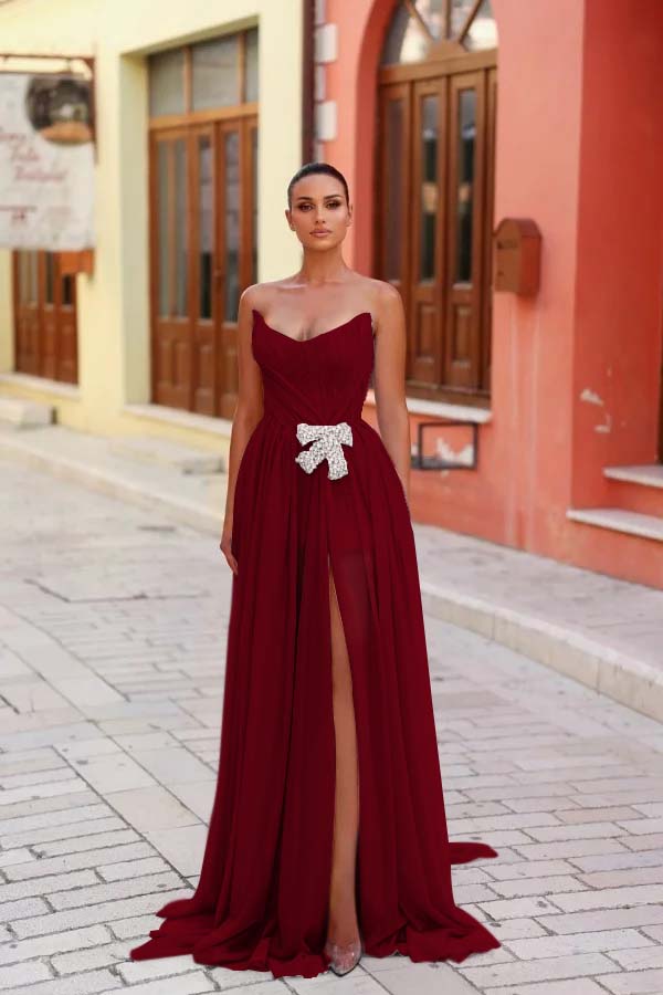 Strapless Sleeveless Long Split Formal Dress With Pleated Beading