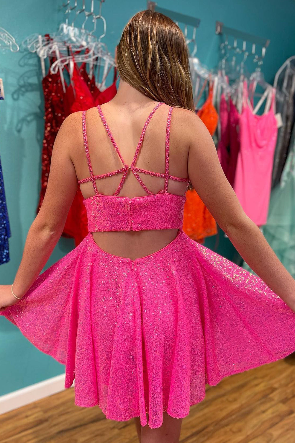 Sparkly Hot Pink Open Back Sequins A-Line Short Homecoming Dress/Mini Dress