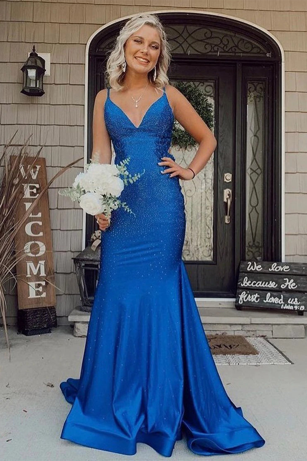 Royal Blue Mermaid Evening Gown with Backless Design