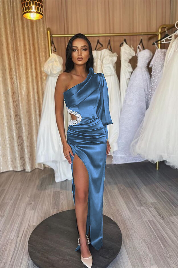 Black One Shoulder Long Sleeve Slit Mermaid Evening Dress With Pearls