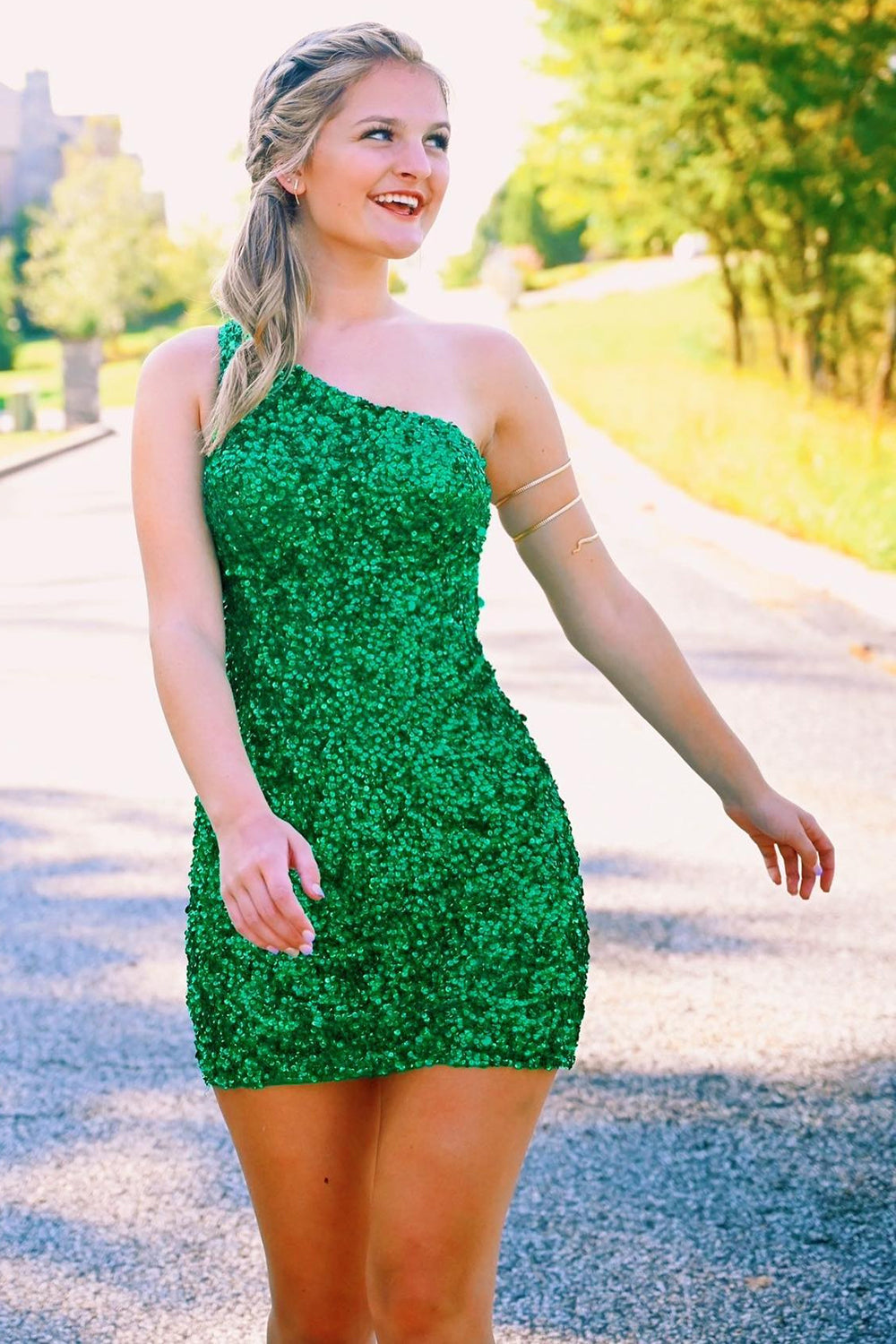 Fuchsia Sequins One Shoulder Homecoming Dress/Mini Dress