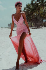 Glamorous Pink Deep V Neck Sleeveless Long Formal Dress With Split