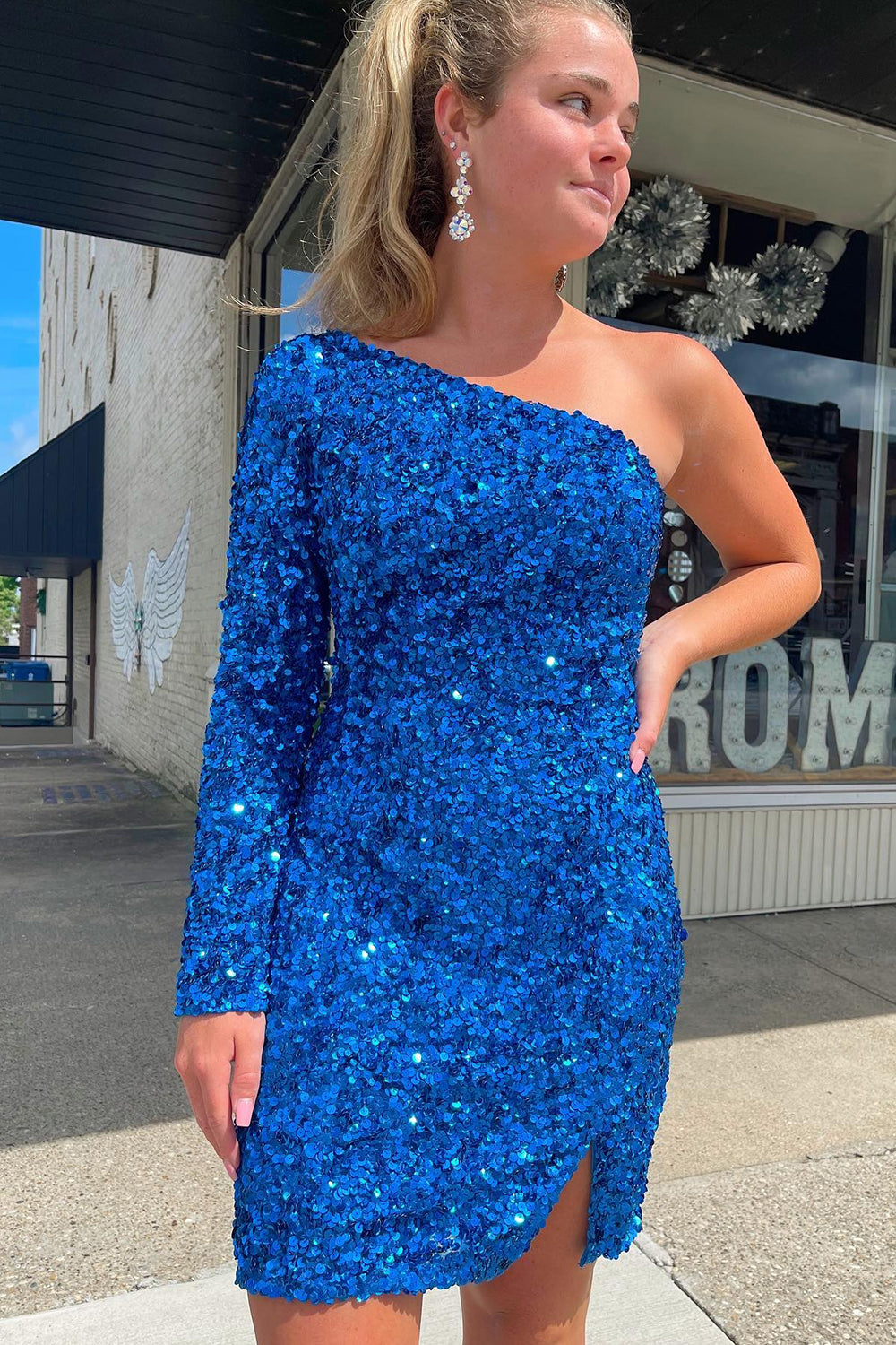 Blue Sequins Homecoming Dress/Mini Dress with Sleeves