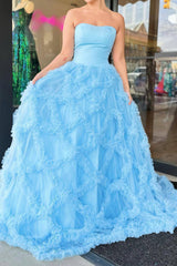 Blue Strapless Long Prom Dress with Elegant A Line and Ruffles