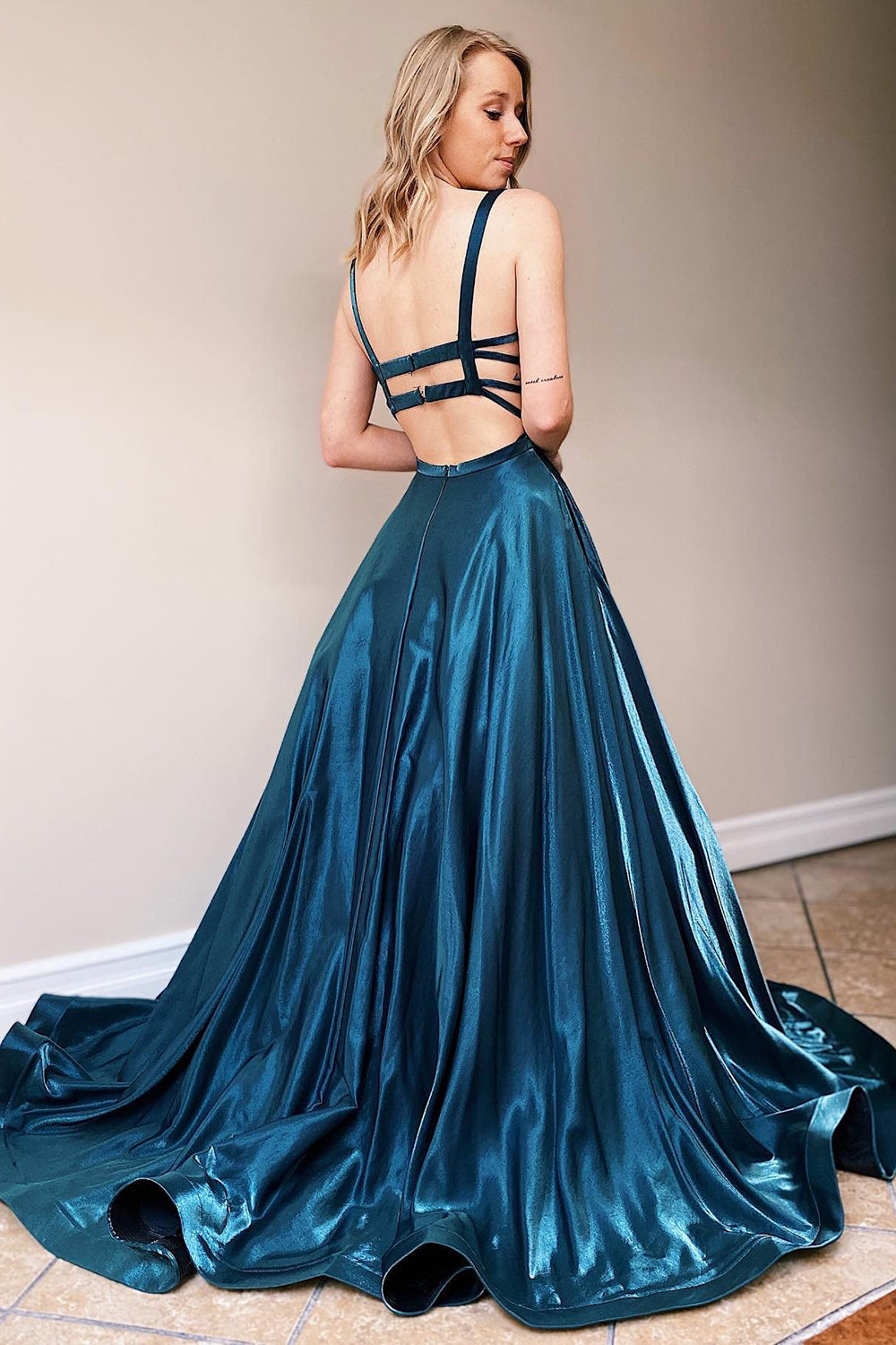 A-Line Prom Dress with Navy Satin Spaghetti Straps