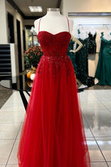 Elegant Dark Red A-Line Prom Dress with Spaghetti Straps and Appliques