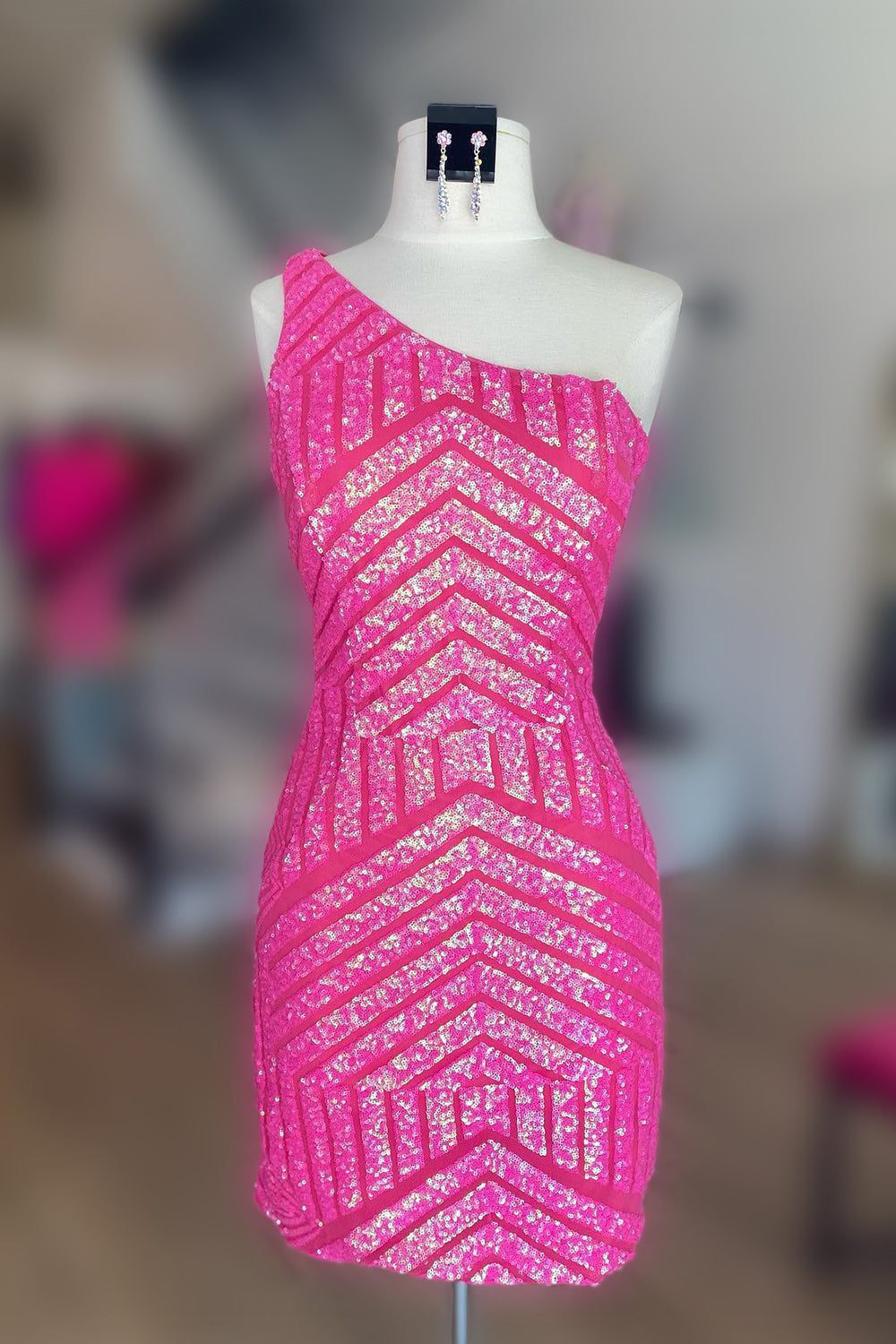 Fuchsia One Shoulder Sequins Tight Short Homecoming Dress/Mini Dress