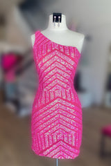 Fuchsia One Shoulder Sequins Tight Short Homecoming Dress/Mini Dress