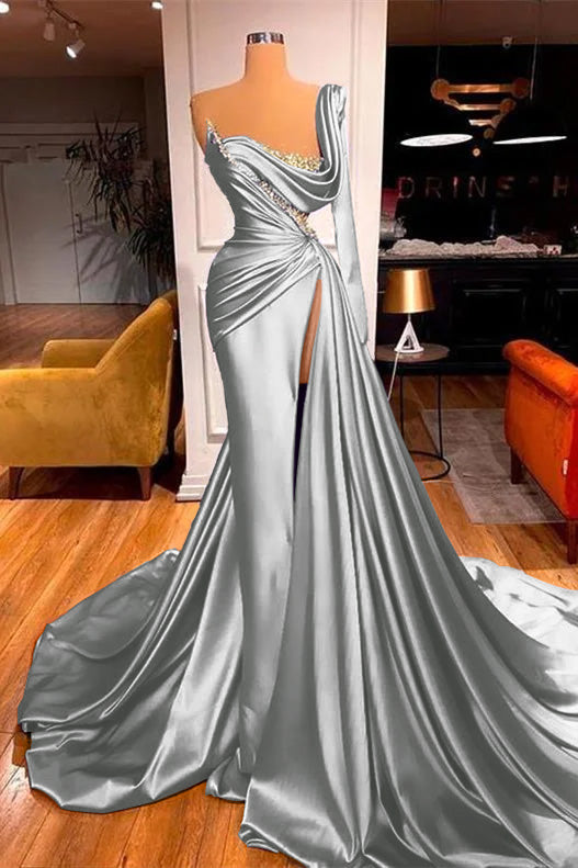 Purple Long Sleeves One-Shoulder Mermaid Beadings Evening Dress Split