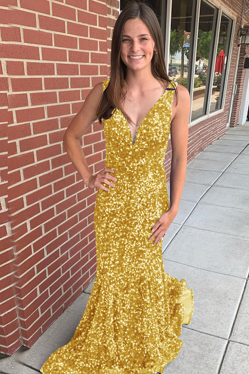 Long Prom Dress with Sequins in Mermaid Blue V-Neck