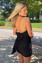 Simple Black Halter Backless Tight Short Satin Homecoming Dress/Mini Dress