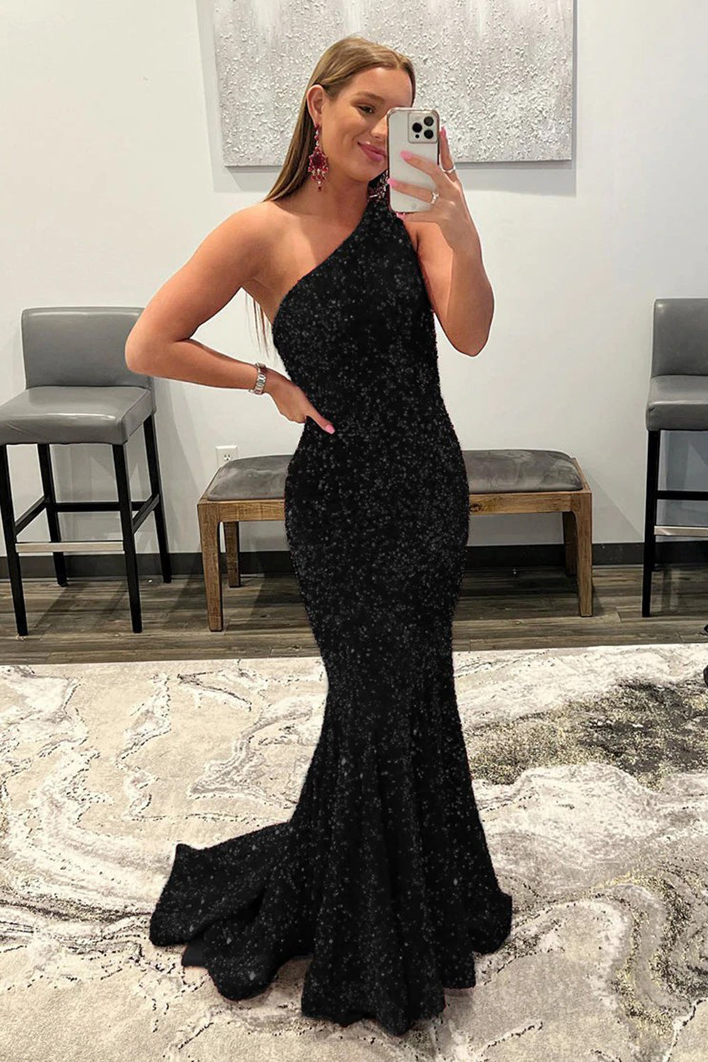 Sequined One-Shoulder Long Prom Dress with Mermaid Glitter