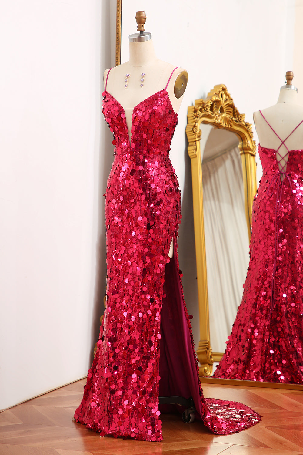 Long Sparkly Purple Prom Dress with Mermaid Silhouette Spaghetti Straps Sequins and Slit