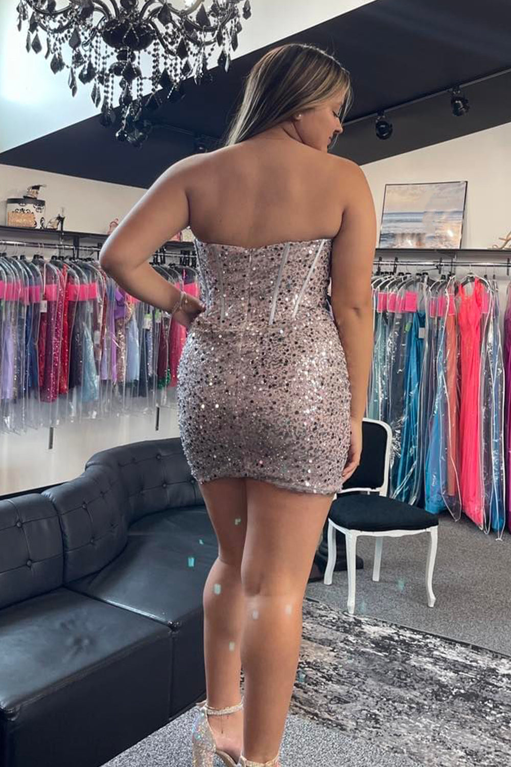 Sparkly Grey Pink Sequin Corset Tight Short Homecoming Dress/Mini Dress