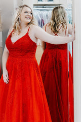Red Plus Size Long Prom Dress with Spaghetti Straps and Appliques in A-Line