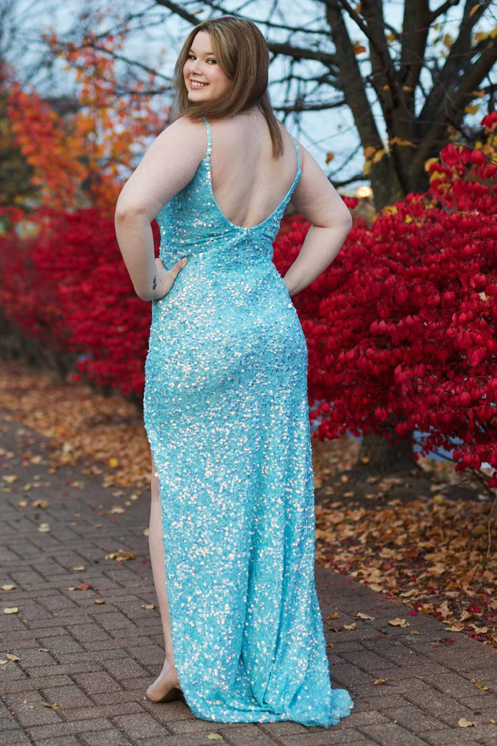 Long Blue Sequins Prom Dress with Spaghetti Straps and Front Split