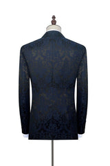 Black Silk Peak Lapel Men's Suits Dark Navy Jacquard Prom Suits for Weddings