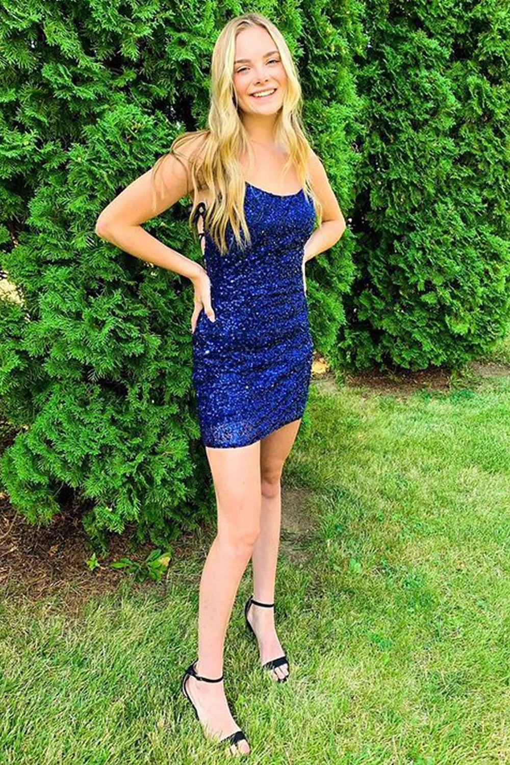 Orange Spaghetti Straps Backless Sequins Tight Homecoming Dress/Mini Dress