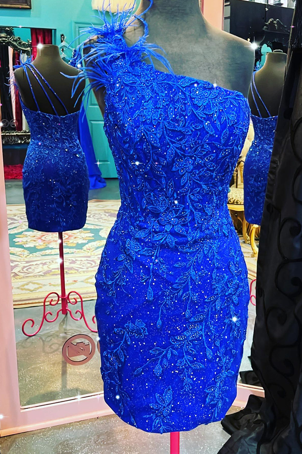 Glitter Royal Blue Lace One Shoulder Tight Short Homecoming Dress/Mini Dress with Feathers
