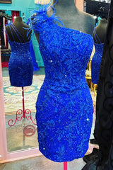 Glitter Royal Blue Lace One Shoulder Tight Short Homecoming Dress/Mini Dress with Feathers