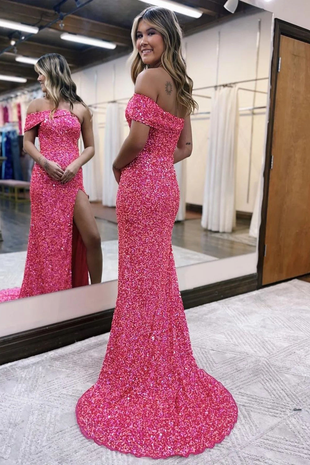 Hot Pink Sequined Mermaid Prom Dress with Front Split and Strapless Design