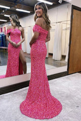 Hot Pink Sequined Mermaid Prom Dress with Front Split and Strapless Design