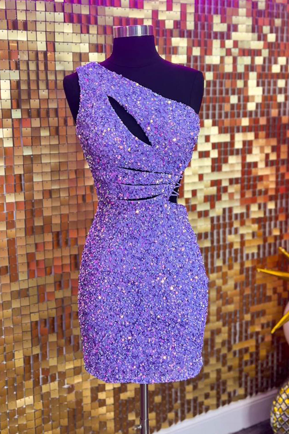 Sparkly Purple One Shoulder Cut Out Sequins Tight Short Homecoming Dress/Mini Dress