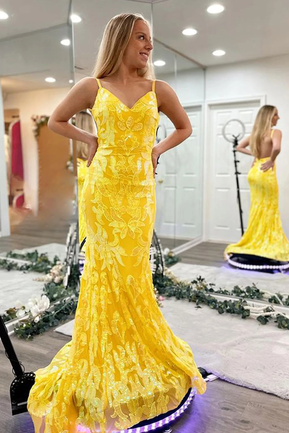 Long Prom Dress with Sparkly Orange Mermaid Sequins