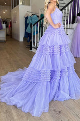 Elegant Lavender Long Prom Dress with Spaghetti Straps and A-Line Ruffles
