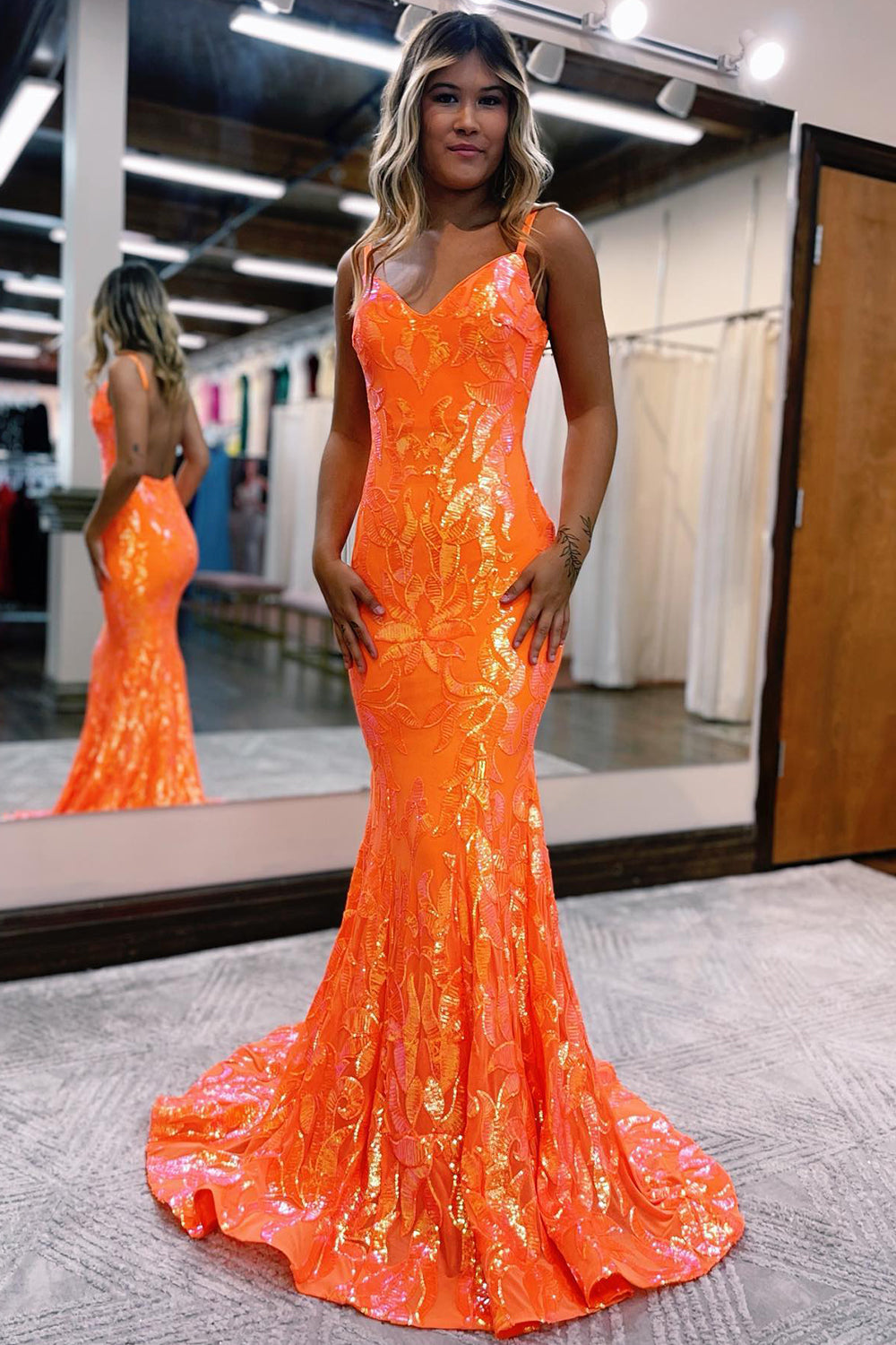 Long Prom Dress with Sparkly Orange Mermaid Sequins