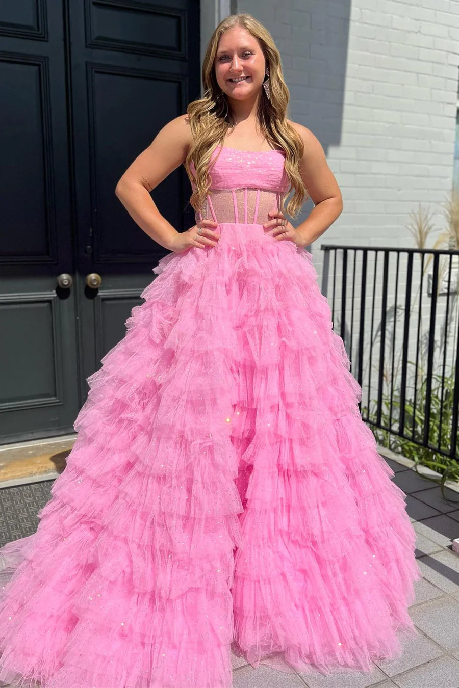 Strapless Long Prom Dress in Golden Tulle with Tiered Layers and Slit