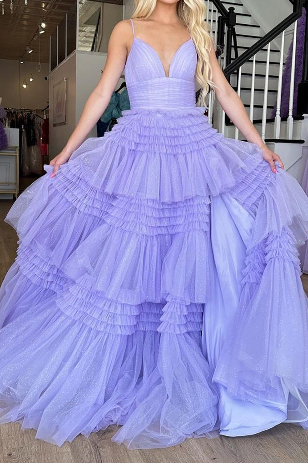 Long Prom Dress in Light Purple Tulle with Tiered Layers and Spaghetti Straps Featuring a Slit