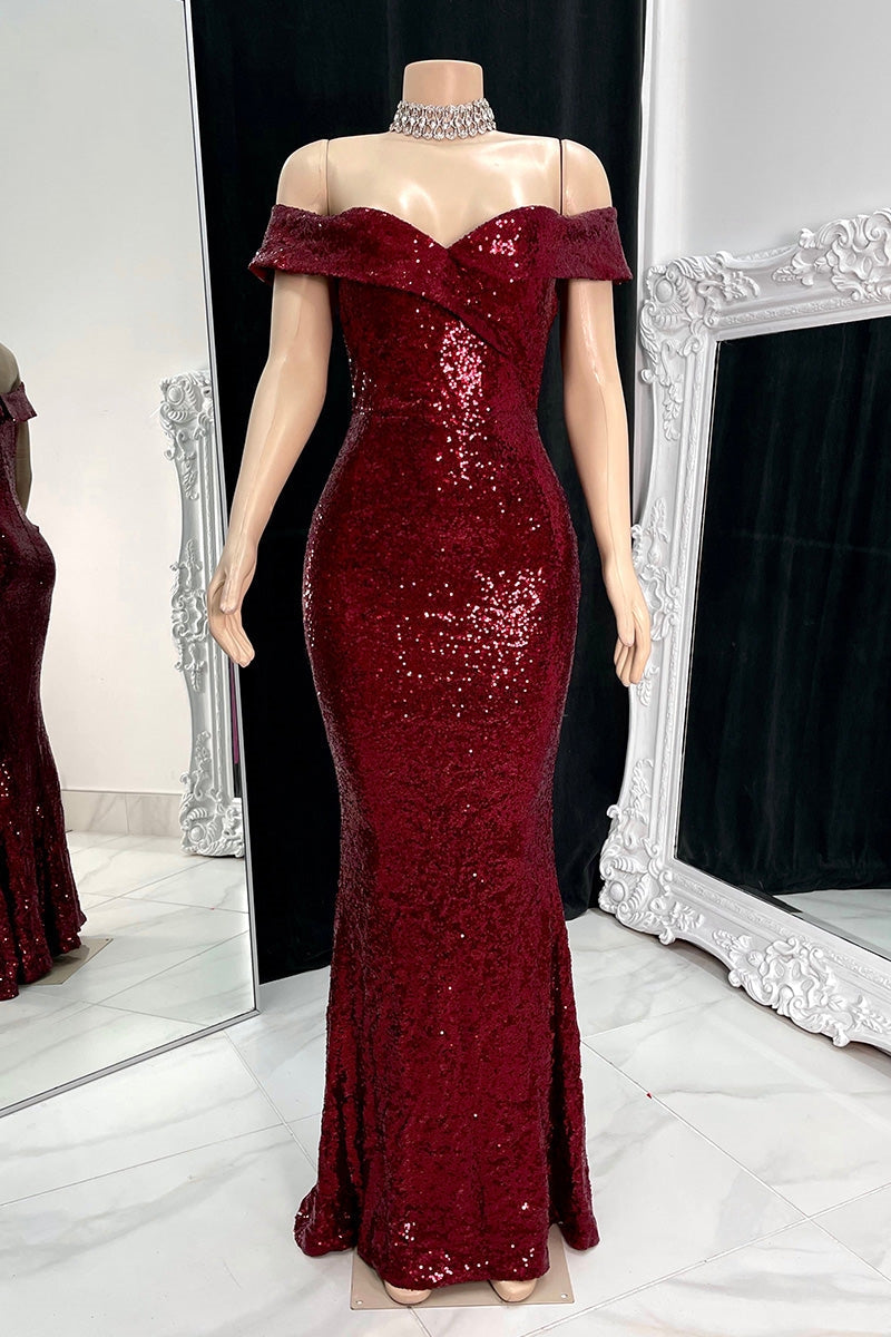 Elegant Gorgeous Off-The-Shoulder Sequins Slit Evening Dress
