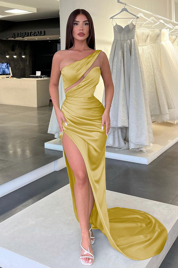 Charming Light Green One Shoulder Sleeveless Split Evening Dress With Pleated
