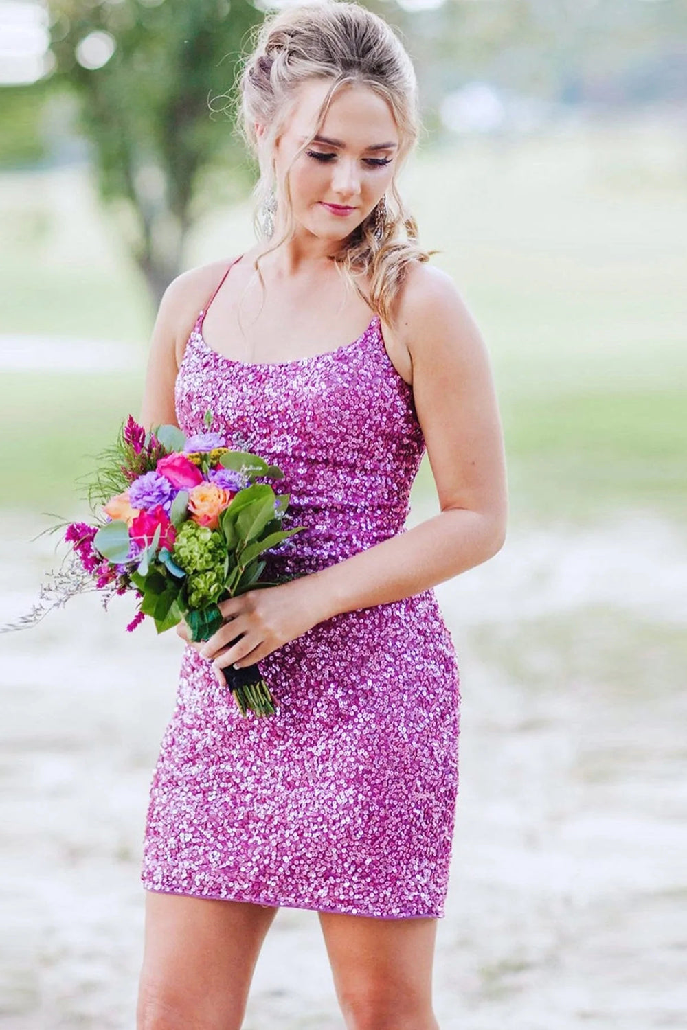 Orange Spaghetti Straps Backless Sequins Tight Homecoming Dress/Mini Dress
