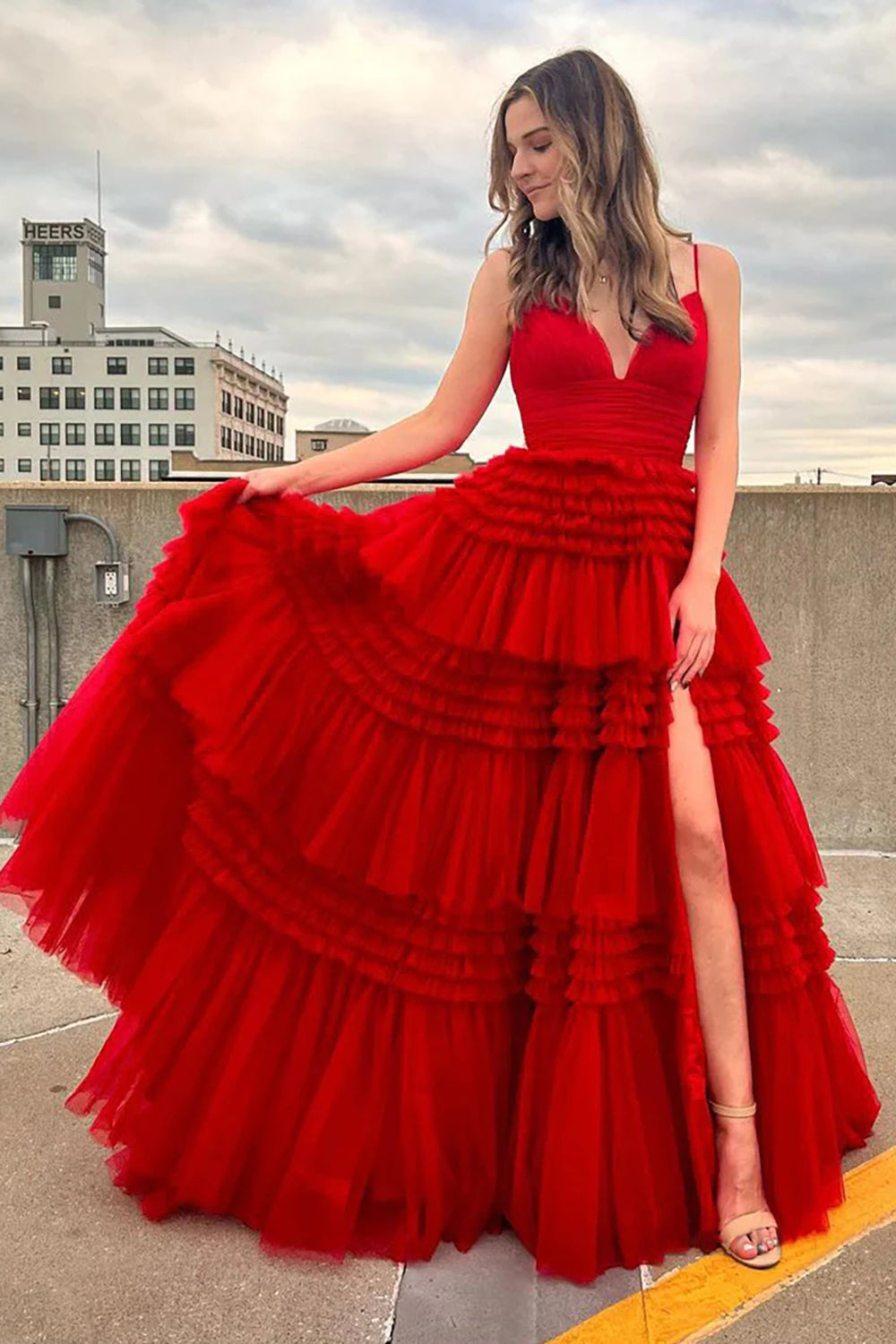Long Prom Dress with Red Tulle and Spaghetti Straps