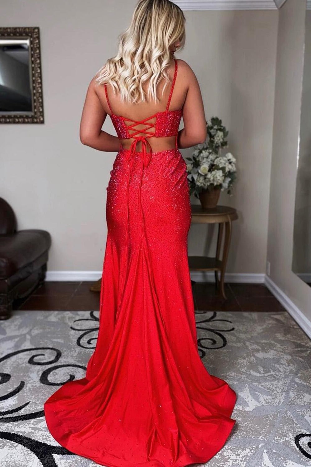 Black Sequins Long Prom Dress with Mermaid Spaghetti Straps and Split Front
