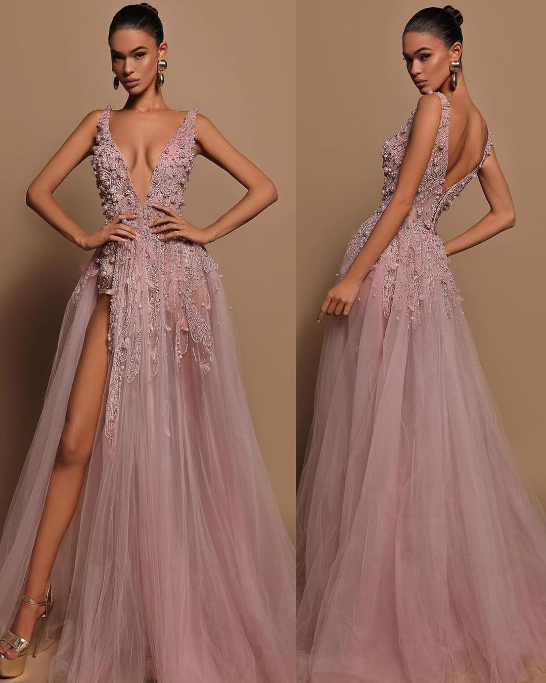 Gorgeous Tulle Straps V Neck Sleeveless High Split Formal Dress with Beadings