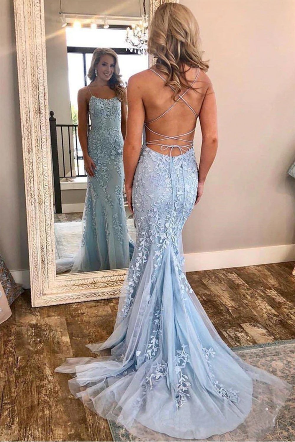 Long Prom Dress with Mermaid Lilac Spaghetti Straps and Appliques