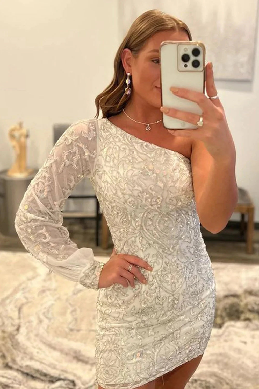 Hot Pink Beaded Sequins One Shoulder Tight Homecoming Dress/Mini Dress
