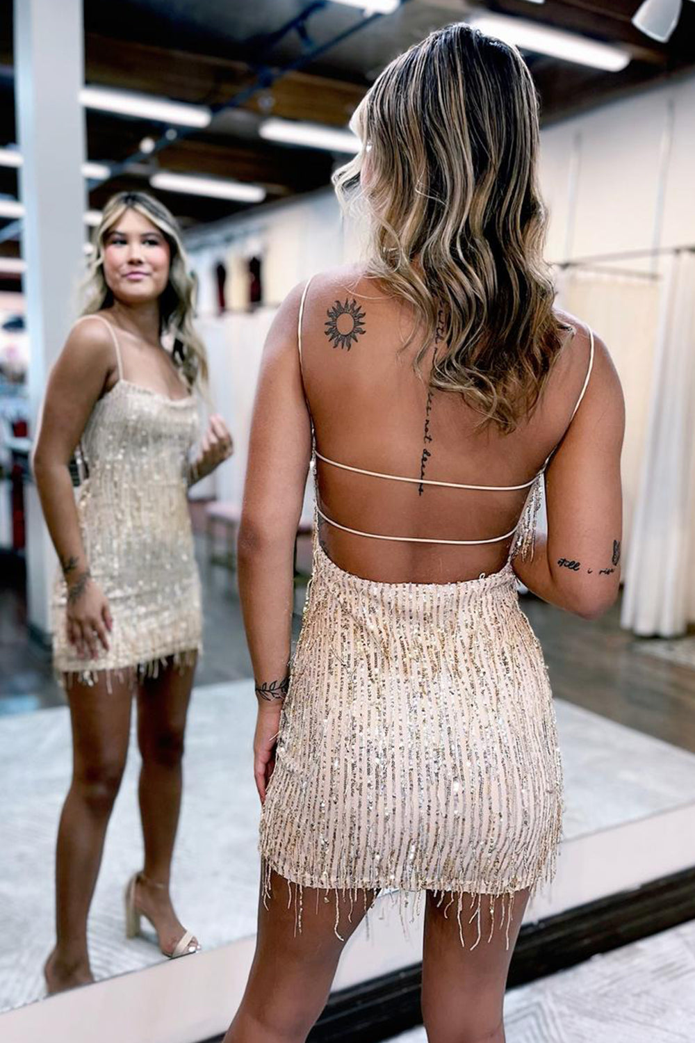 Sparkly Apricot Sequins Tight Short Homecoming Dress/Mini Dress with Fringes