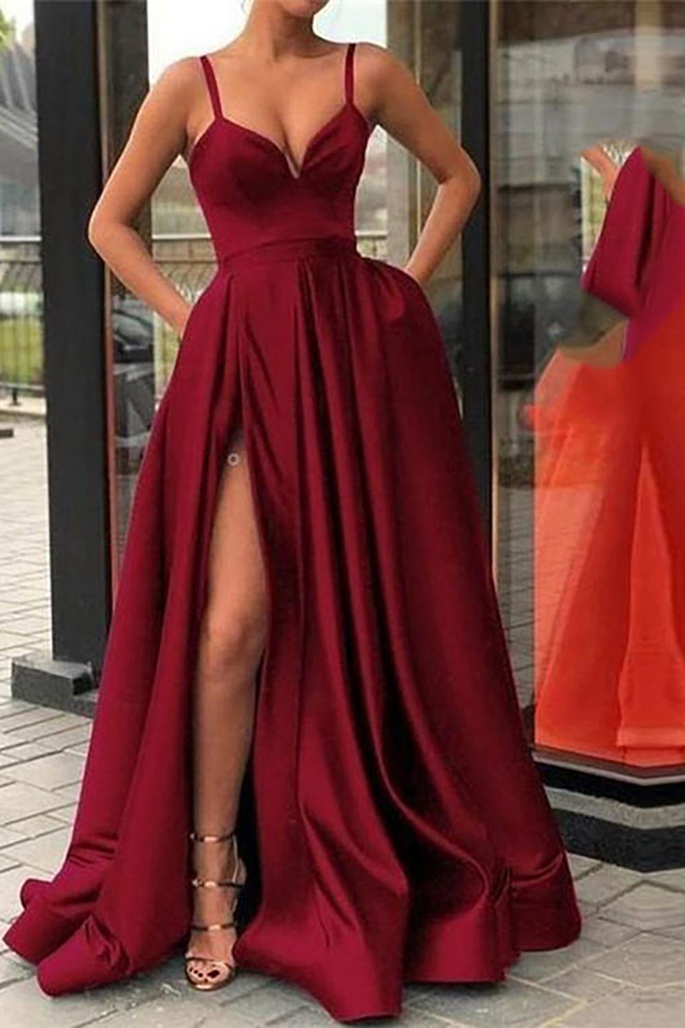 Black Long A-Line Prom Dress with Spaghetti Straps and Slit