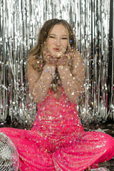 Long Prom Jumpsuits with Sparkly Fuchsia Sequins and Spaghetti Straps