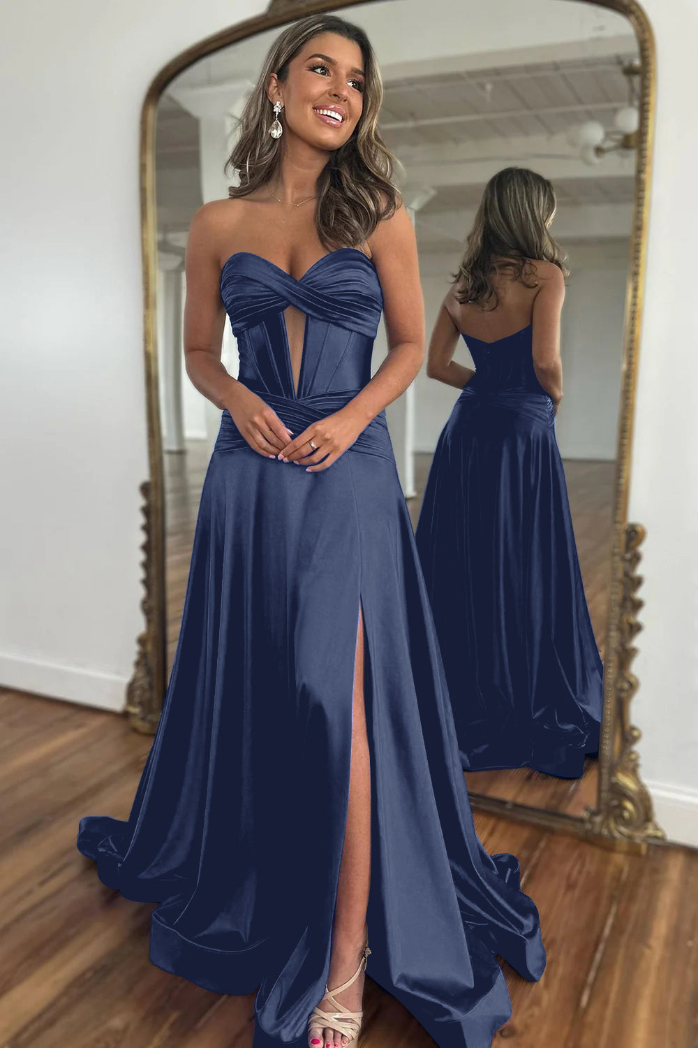 Elegant Blue Sweetheart Corset Prom Dress with A-Line Skirt and Front Split