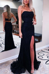 Black Long Strapless Prom Dress with Slit in Mermaid Style