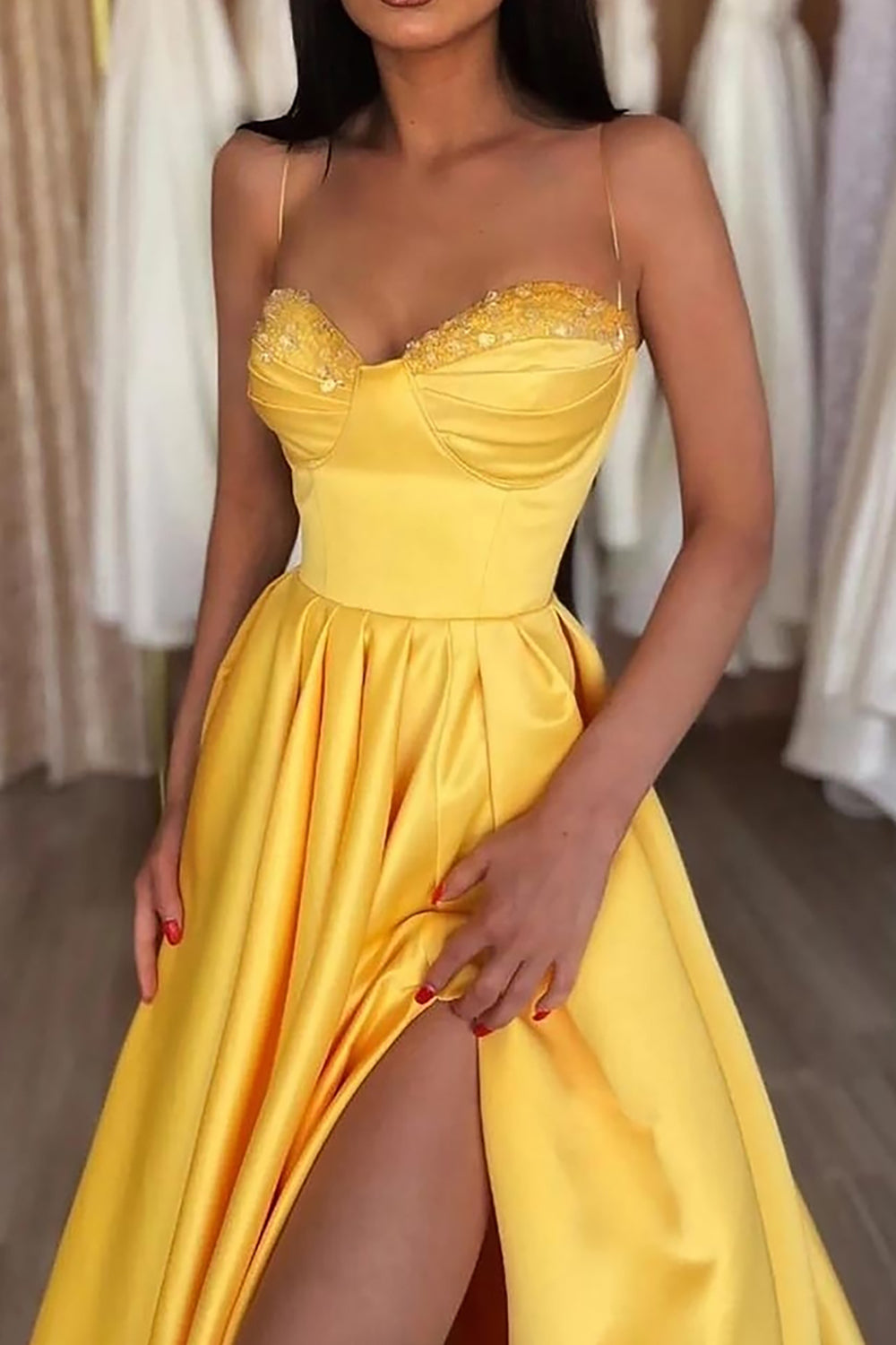 Yellow Long Prom Dress with Spaghetti Straps and Front Split in A-Line Style
