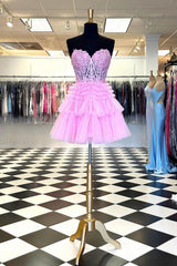 Glitter Pink Corset A-Line Tiered Short Homecoming Dress/Mini Dress with Lace