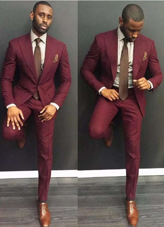 High-Quality Casual Burgundy Peaked Lapel Party Prom Suit with Two Pieces