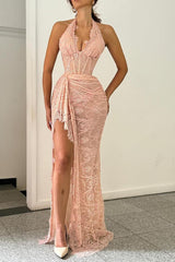 Halter Sleeveless Lace Appliques Pleated Long Formal Dress With Front Split