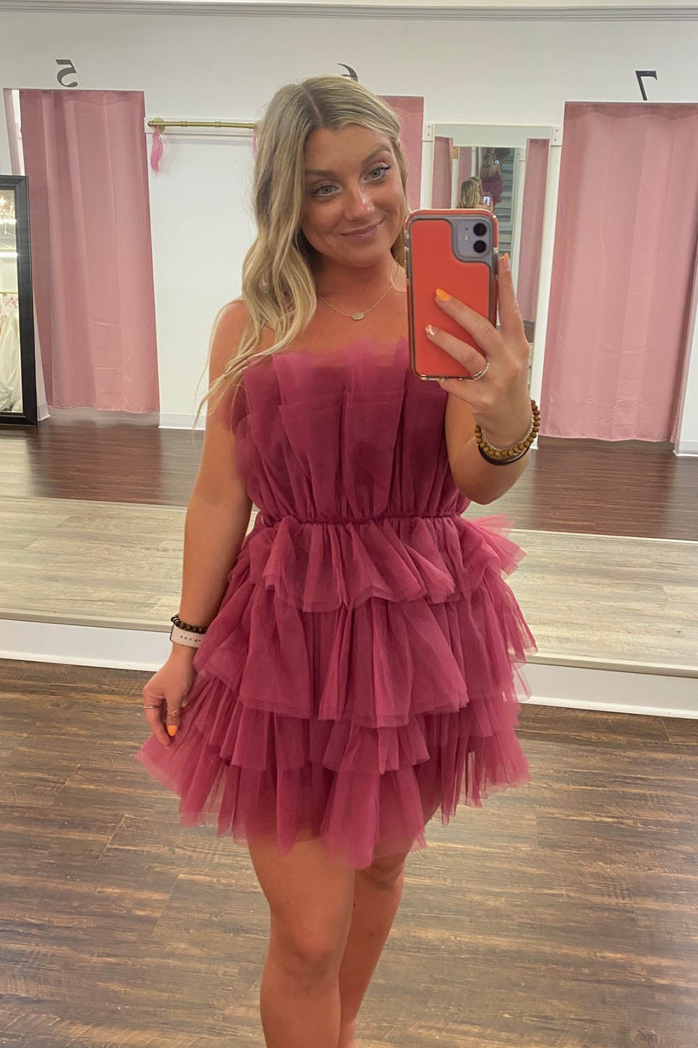 Pink Strapless A-Line Tiered Tulle Short Homecoming Dress/Mini Dress